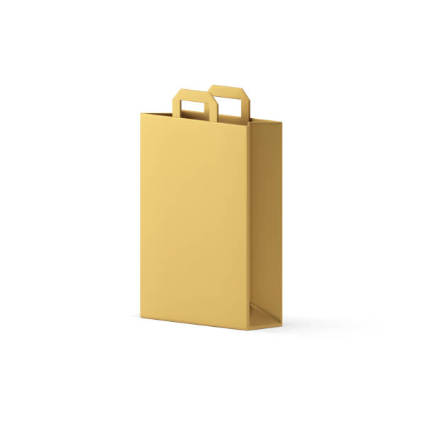 istock Golden shopping bag paper pack for goods purchase premium gift carrying 3d icon realistic vector 1456751925