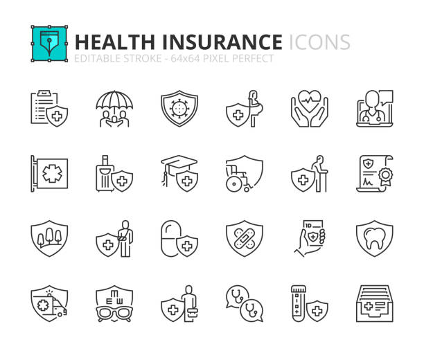 ilustraciones, imágenes clip art, dibujos animados e iconos de stock de conjunto simple de iconos de esquema sobre el seguro de salud - insurance symbol computer icon travel