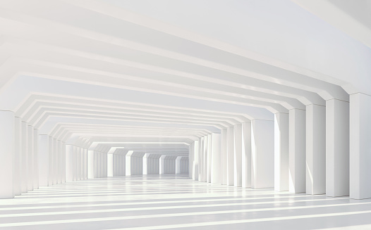 Abstract white tunnel with pillars and beams aligned in a sequence with diminishing perspective. Bright sunlight coming through a curved structure creating a pattern of shadows. Striped effect with copy space.