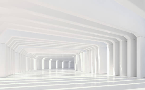 Abstract white tunnel with minimalist style, bright sunlight and striped effect stock photo