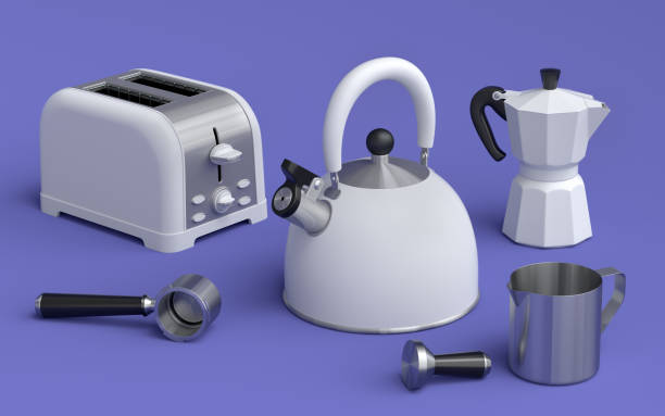 istock Kettle, toaster, coffee machine horn and geyser coffee maker on violet 1456756575