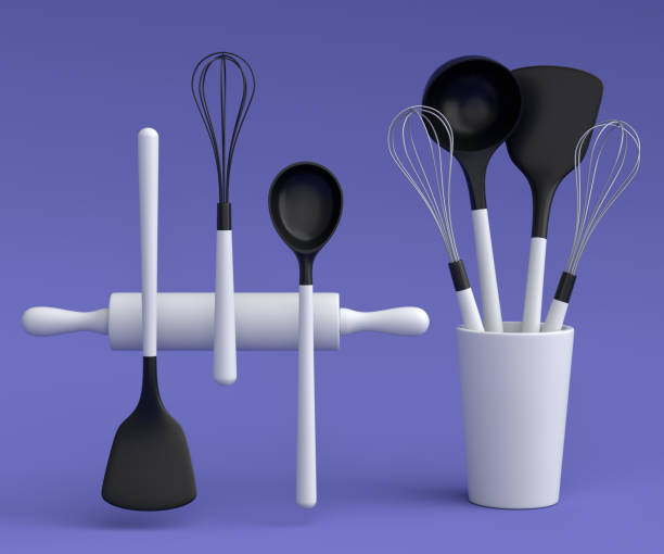 istock Wooden kitchen utensils, tools and equipment on violet background. 1456756611
