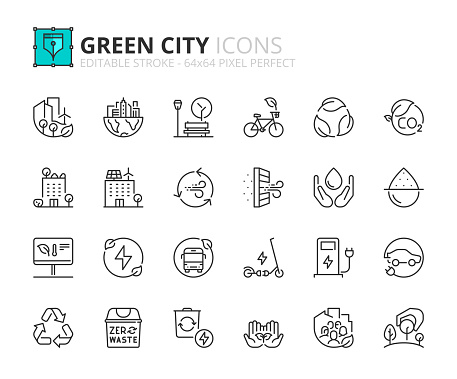 Line icons about about green city. Sustainable development. Contains such icons as renewable energy, autonomous building, air and water quality. Editable stroke Vector 64x64 pixel perfect