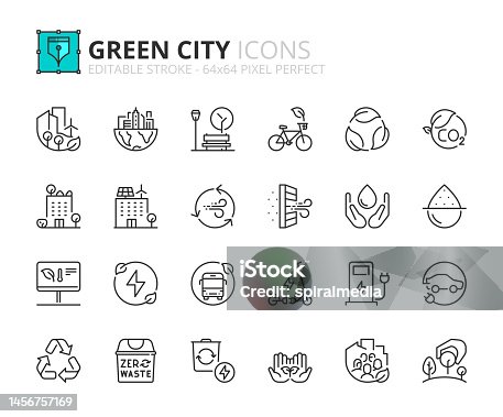 istock Simple set of outline icons about green city. Sustainable development. 1456757169