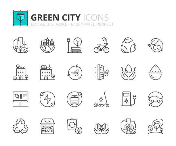 Simple set of outline icons about green city. Sustainable development. Line icons about about green city. Sustainable development. Contains such icons as renewable energy, autonomous building, air and water quality. Editable stroke Vector 64x64 pixel perfect zero emission vehicle stock illustrations