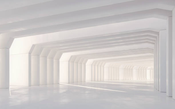 istock Abstract white corridor with minimalist architecture, bright sunlight projecting beams and shadows 1456757401