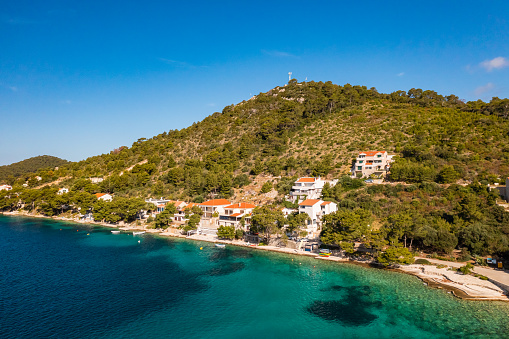 Velo lago bay, Pasadur, Lastovo island, Dalmatia, Croatia from drone