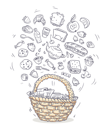 This is a digital doodle of a picnic basket and its content