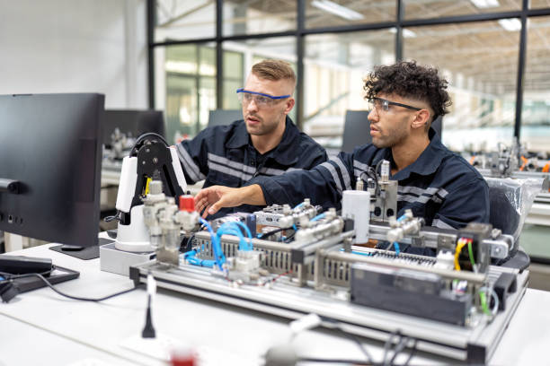 istock Engineer sitting in robot fabrication room quality checking electronic control board engineering 1456759397