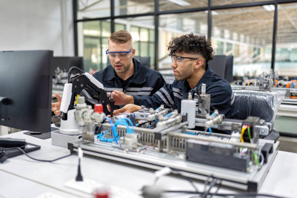 istock Engineer sitting in robot fabrication room quality checking electronic control board engineering 1456759398