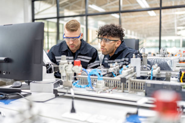 istock Engineer sitting in robot fabrication room quality checking electronic control board engineering 1456759403