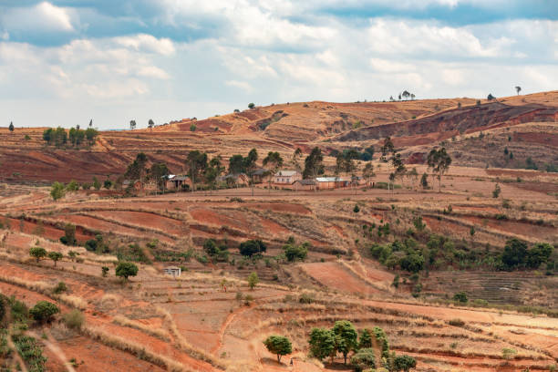 Devastated central Madagascar landscape, Mandoto, Vakinankaratra. Highland deforested countryside. Deforestation creates agricultural pastoral land but also result ecology problem with soil and water.