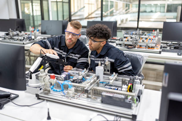 istock Engineer sitting in robot fabrication room quality checking electronic control board engineering 1456759605