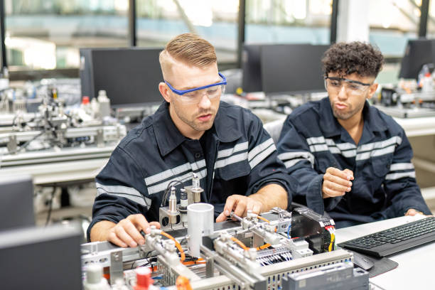istock Engineer sitting in robot fabrication room quality checking electronic control board engineering 1456759856