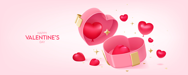 Happy Valentine's day, greeting card design. Open Pink colored gift box with purple balloon hearts and confetti on pink background.