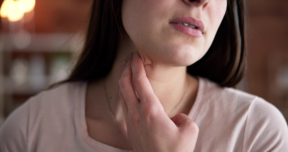 Thyroid Neck Disease. Woman Throat Physical Pain