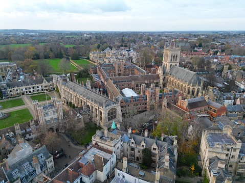 St John's College, Cambridge England drone aerial view high angle winter