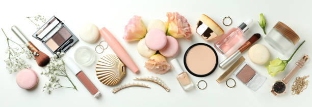 istock Female accessories and macaroons on white background 1456762210