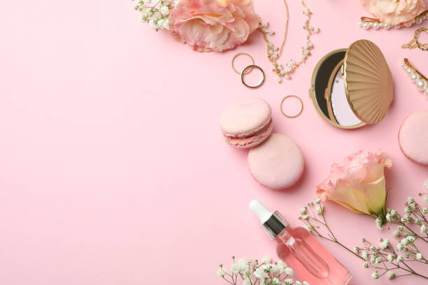 istock Female accessories and macaroons on pink background 1456762251
