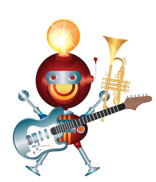 Vector illustration of Cute Robot Playing Electro  Guitar