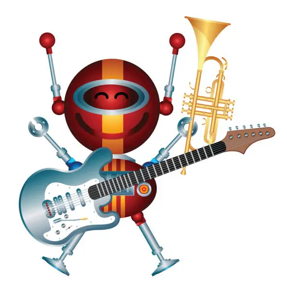 Vector illustration of Cute Robot Playing Electro  Guitar