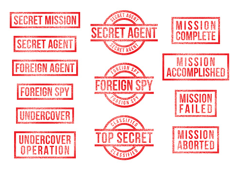 Vector illustration with various secret mission rubber stamps (Top Secret, Secret Agent, Foreign Spy, Mission accomplished, Mission Failed, Undercover, etc.)