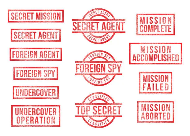 Vector illustration of Rubber Stamps Top Secret Mission Undercover Agent Foreign Spy