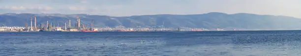Tüpraş oil refinery factory by the sea. Panoramic view of oil refinery plant in sunny day. Kocaeli, Turkey - January 16, 2023. Selective focus