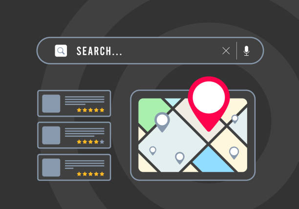 local search - small business seo marketing strategy based on consumer near me searches. browser with local business listing, map and red pin icon, search result with nearby places with star rating - google stock illustrations