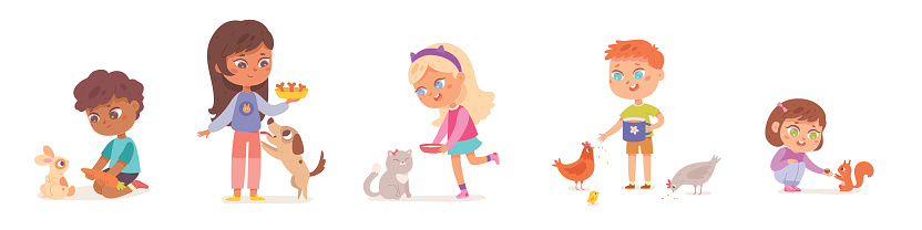 Cute kids care pets set vector illustration. Cartoon isolated boys and girls feeding rabbit, chicken and squirrel, child holding food to feed and play with domestic animal, cat and dog eating