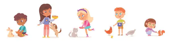 Vector illustration of Cute kids care pets set, boys and girls feed and play with domestic animals