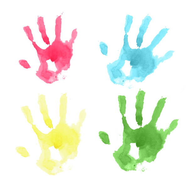 istock Hand-drawn watercolor colorful handprints: yellow, green, blue, magenta 1456767126