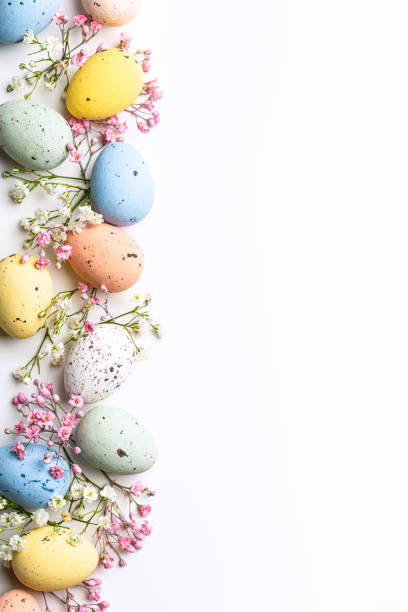Easter composition of Easter quail eggs and flowers