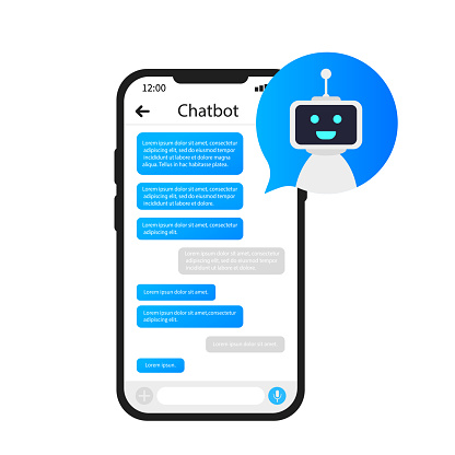 Chat bot on the phone, chat bot interface, messaging with the robot. Vector illustration