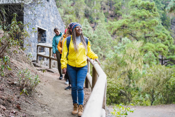 mulheres multirraciais se divertindo explorando a natureza em dia de trekking na floresta de montanha - concentre-se no rosto feminino africano sênior - adventure african ethnicity rural scene day - fotografias e filmes do acervo