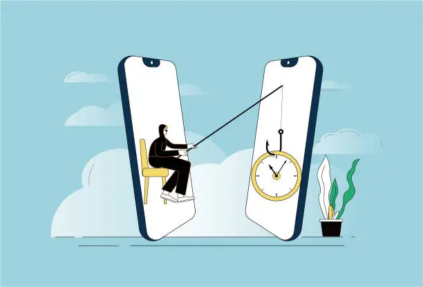 Vector illustration of Thief, fishhook, mobile phone, clock.
