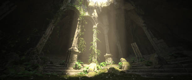 istock 3D illustration rendering. Dark old ruined sanctuary 1456770327