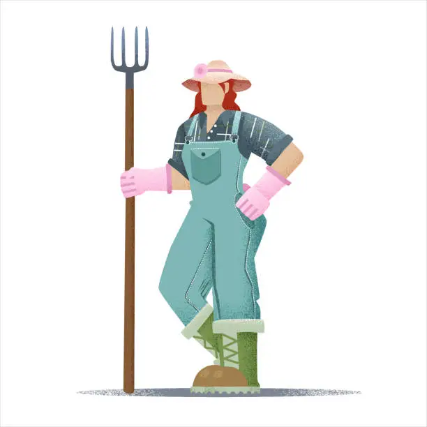 Vector illustration of Farmer woman holding a pitchfork in her hands