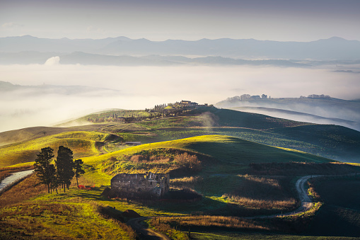 Volterra foggy landscape, trees, rolling hills, rural road, green fields and a abandoned farmhouse at sunrise. Tuscany region, Italy, Europe