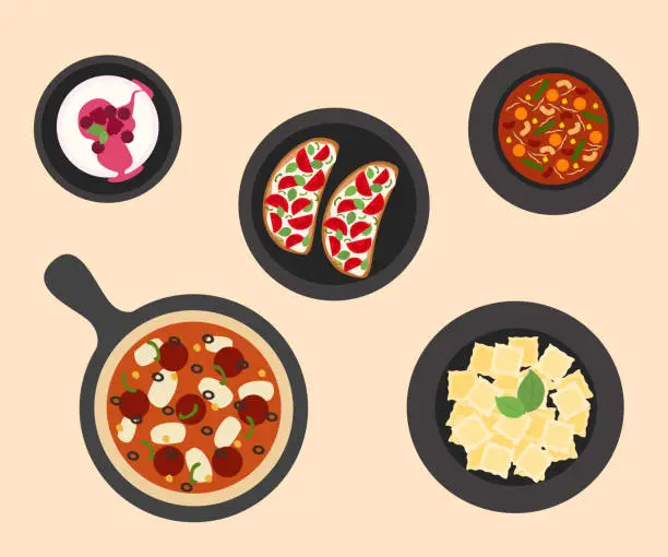 Vector illustration of Italian Food Plates. Top View Of Minestrone Soup, Pizza, Bruschetta, Ravioli And Panna Cotta