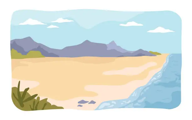 Vector illustration of Seascape and landscape of beach or coast with bush greenery and mountain range. Setting for summer vacation, scene with summer beach nature. Vector in flat style