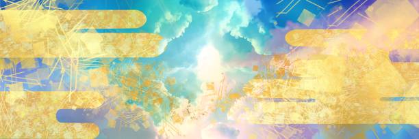 ilustrações de stock, clip art, desenhos animados e ícones de wide size fantasy landscape illustration of a beautiful heavenly entrance with geometric textures shining divinely through rainbow-colored clouds. - dreams cloud angel heaven