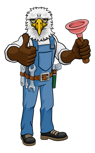 An eagle plumber cartoon mascot holding a toilet or sink plunger
