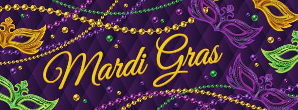Horizontal carnival poster with masks, string of beads, text. Horizontal carnival poster with masks, string of beads, text. Classic volume rhombic grid on background. Ticket, invitation design for Mardi Gras carnival, party in vintage style Detailed illustration mardi gras stock illustrations