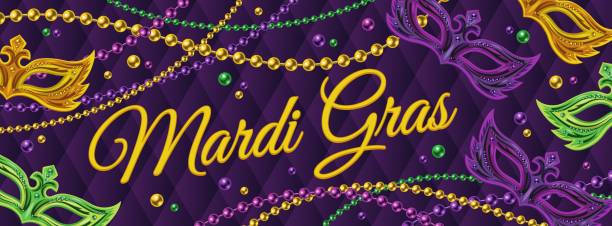 Horizontal carnival poster with masks, string of beads, text. Horizontal carnival poster with masks, string of beads, text. Classic volume rhombic grid on background. Ticket, invitation design for Mardi Gras carnival, party in vintage style Detailed illustration mardi gras flyer stock illustrations