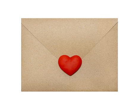 Brown envelope with red heart isolated on white