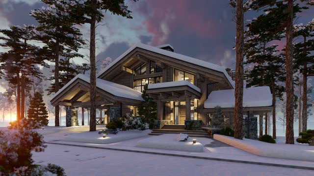 4K video of modern cozy chalet in evening sunset