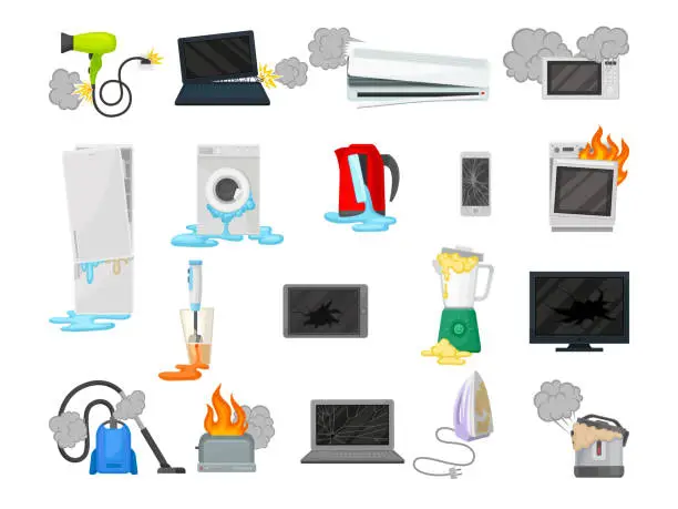 Vector illustration of Broken Home Appliances and Electronic Device with Different Damage Big Vector Set