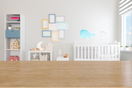 Wood Empty Surface With Blurred Baby Room Background