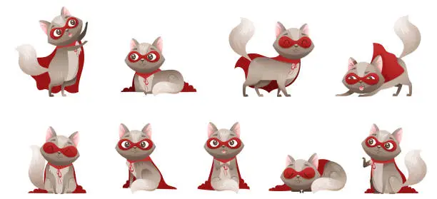 Vector illustration of Cat Superhero Character with Grey Coat Wearing Red Cloak and Mask Vector Set